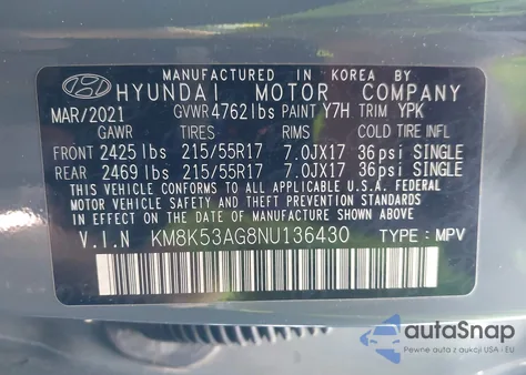 2022 Hyundai Kona Electric Limited z USA, uszkodzony, nr VIN KM8K53AG8NU136430